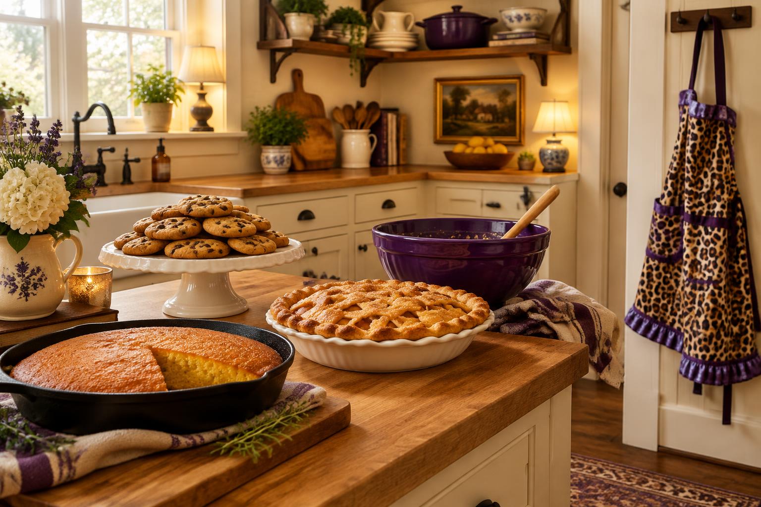 Warm Southern farmhouse kitchen with homemade pie, cornbread, cookies, and a purple mixing bowl